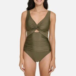 DKNY Twist Front Keyhole One Piece Swimsuit Green Shimmer adjustable straps
